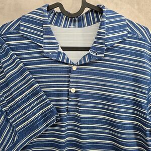 Lululemon Size Medium Golf Polo Shirt Blue White Stripe Performance Short Sleeve